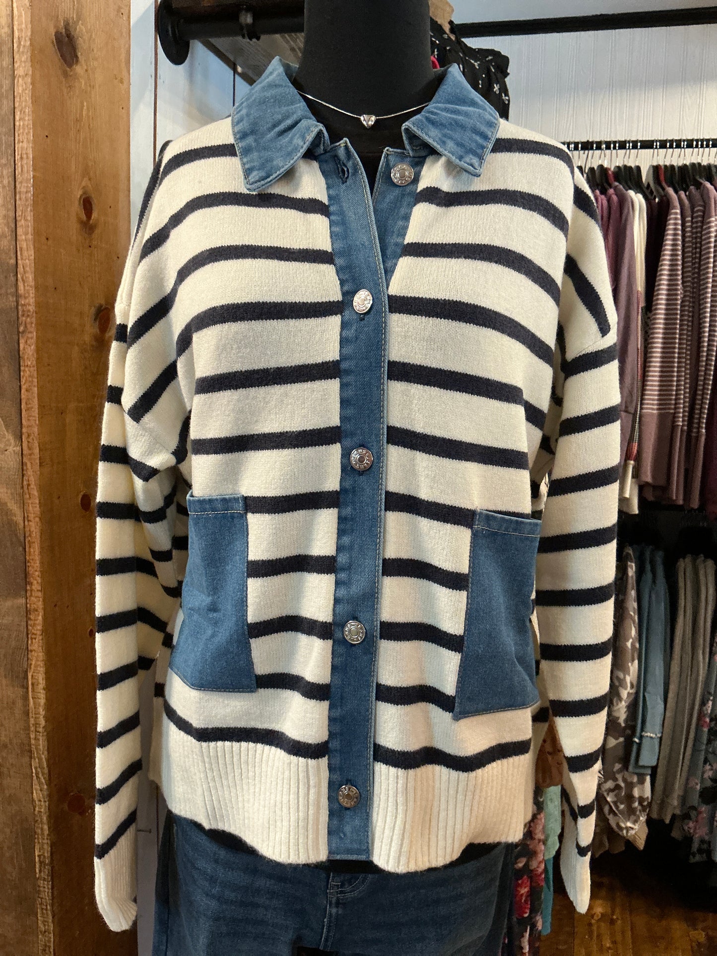 Denim Collar Striped Cardigan Sweater