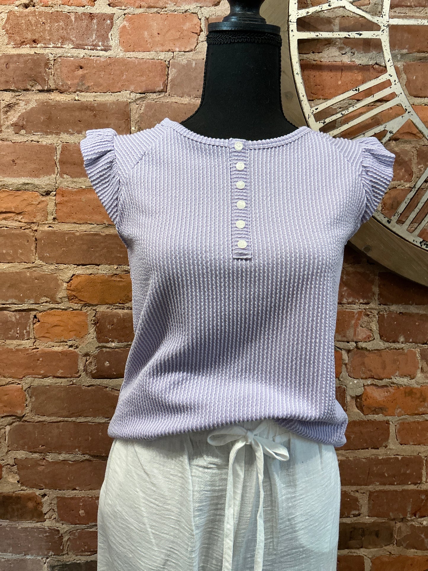 Ribbed Lavender Ruffle Sleeve Top