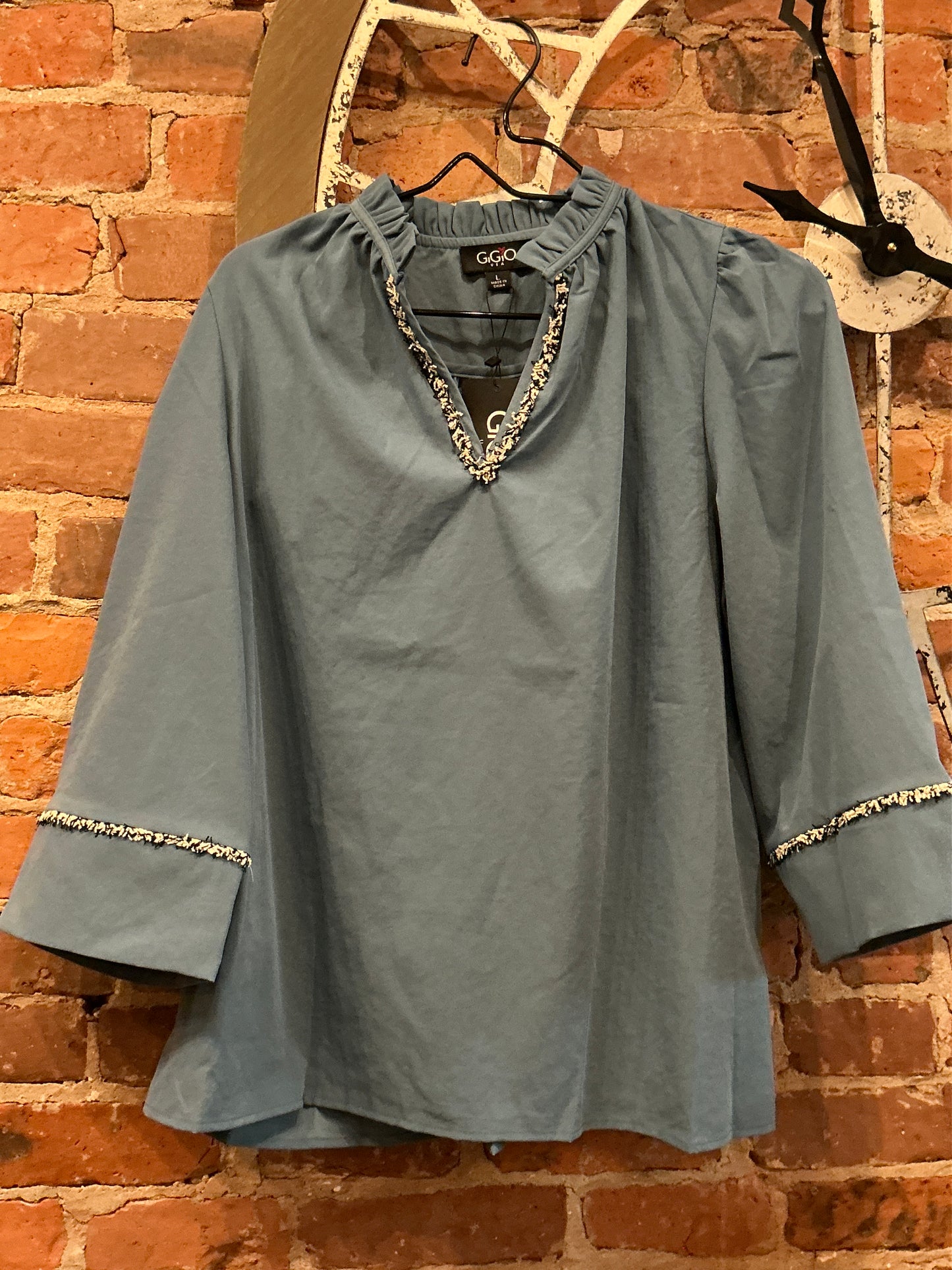 Ruffle Trim Top 3/4 Sleeve Steel Blue