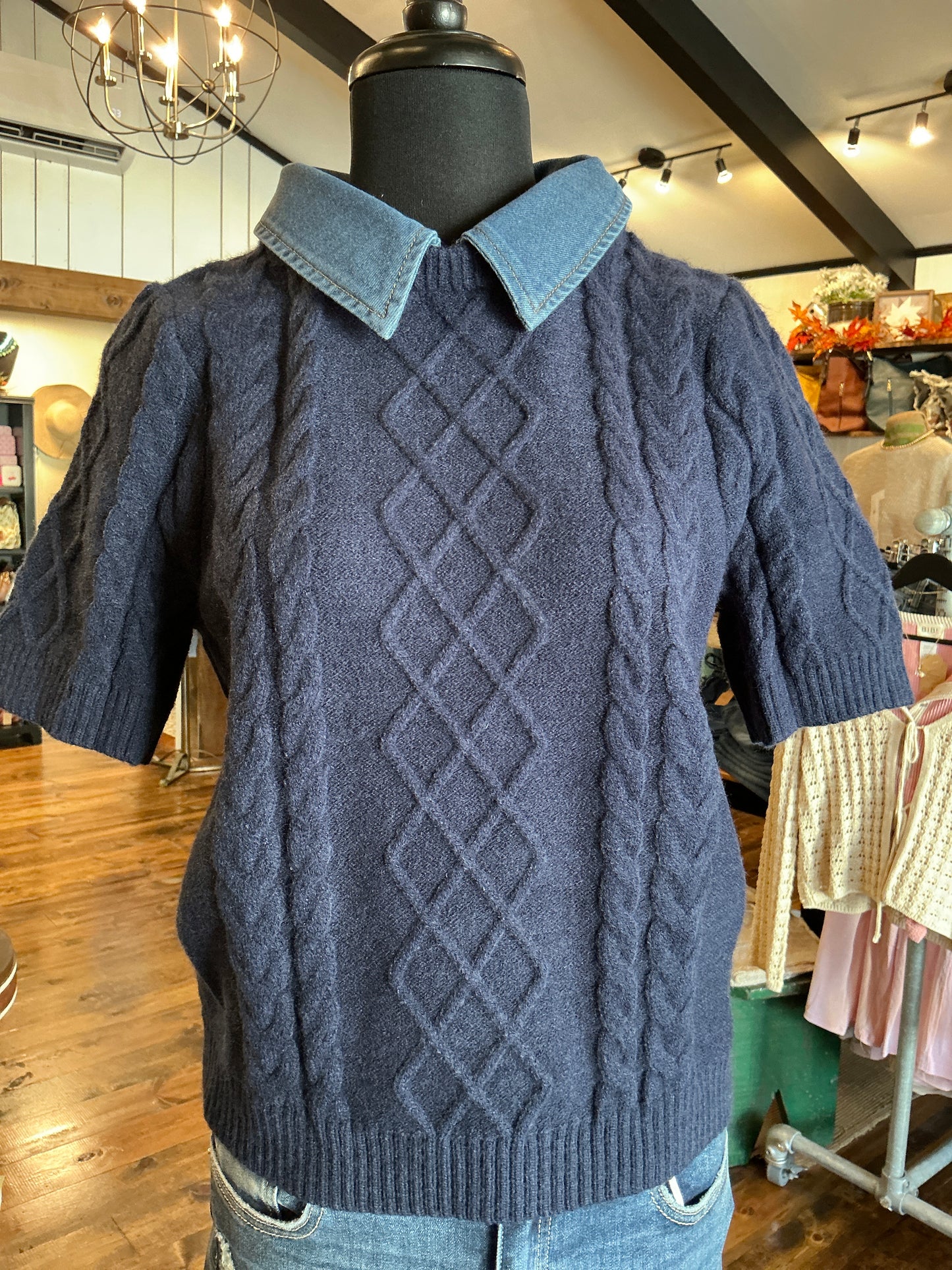 Denim Collard Cable Knit Sweater