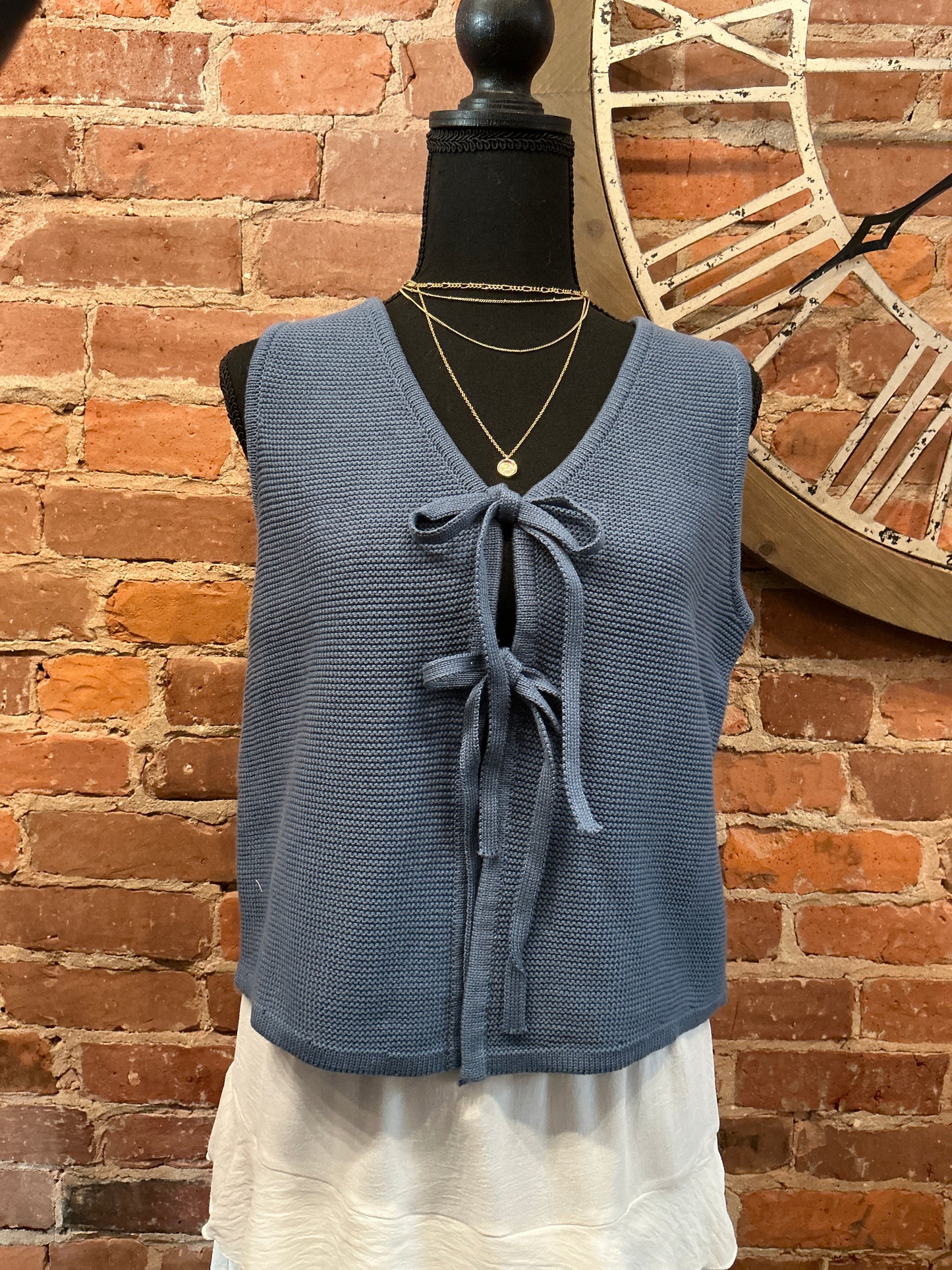 Tie Front Sweater Vest in Dusty Blue