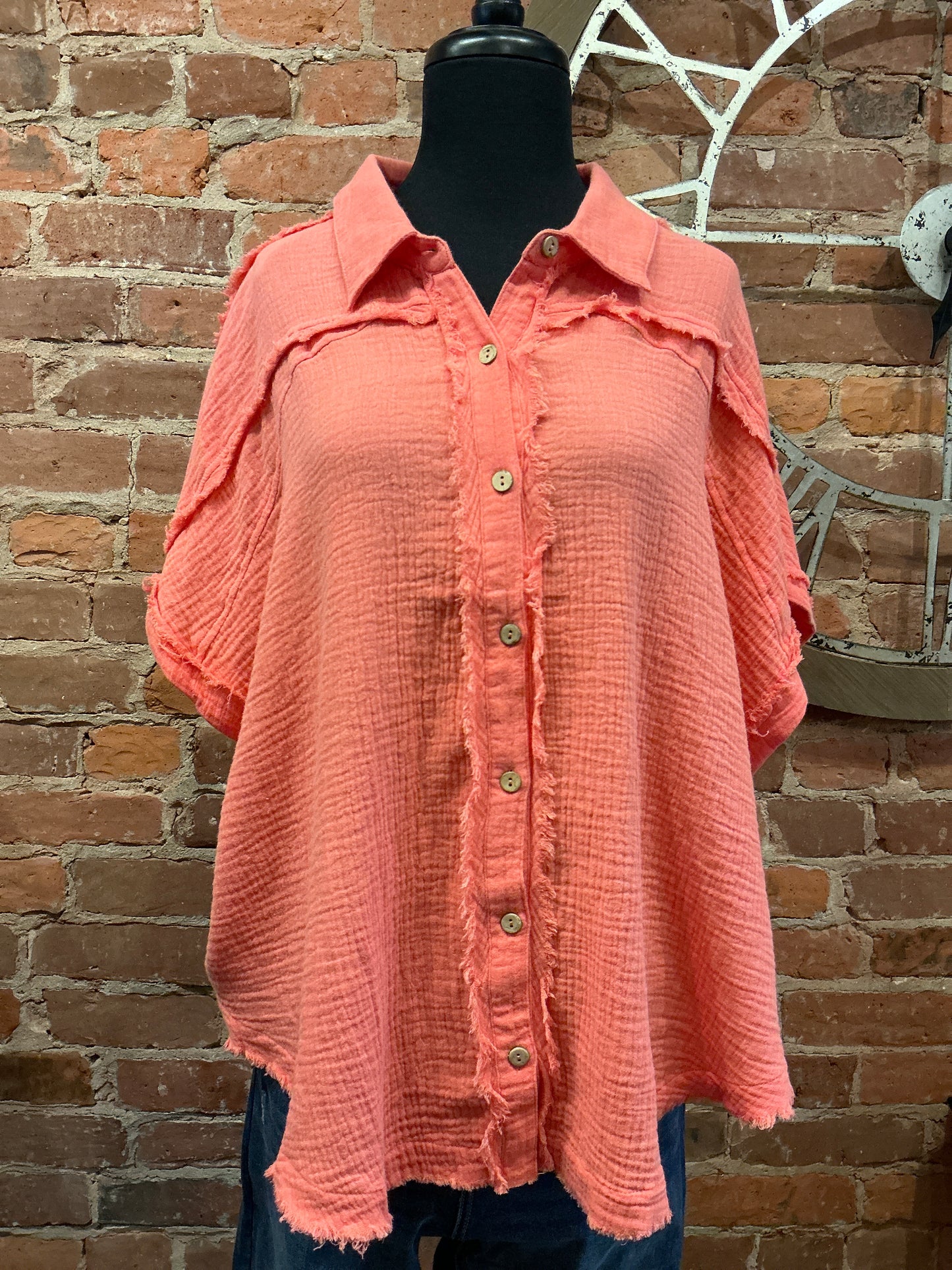 Raw Edge Oversized Top in Coral