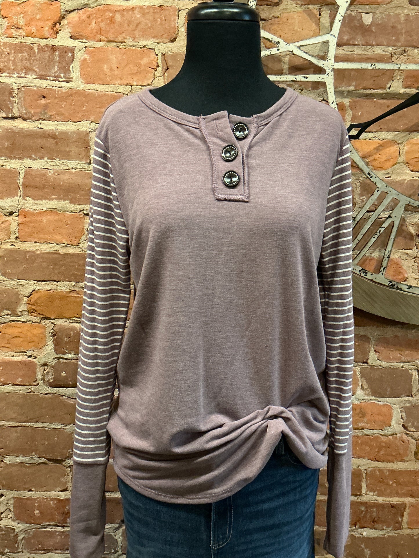 Stripe Sleeved Button Down Top in Mulberry