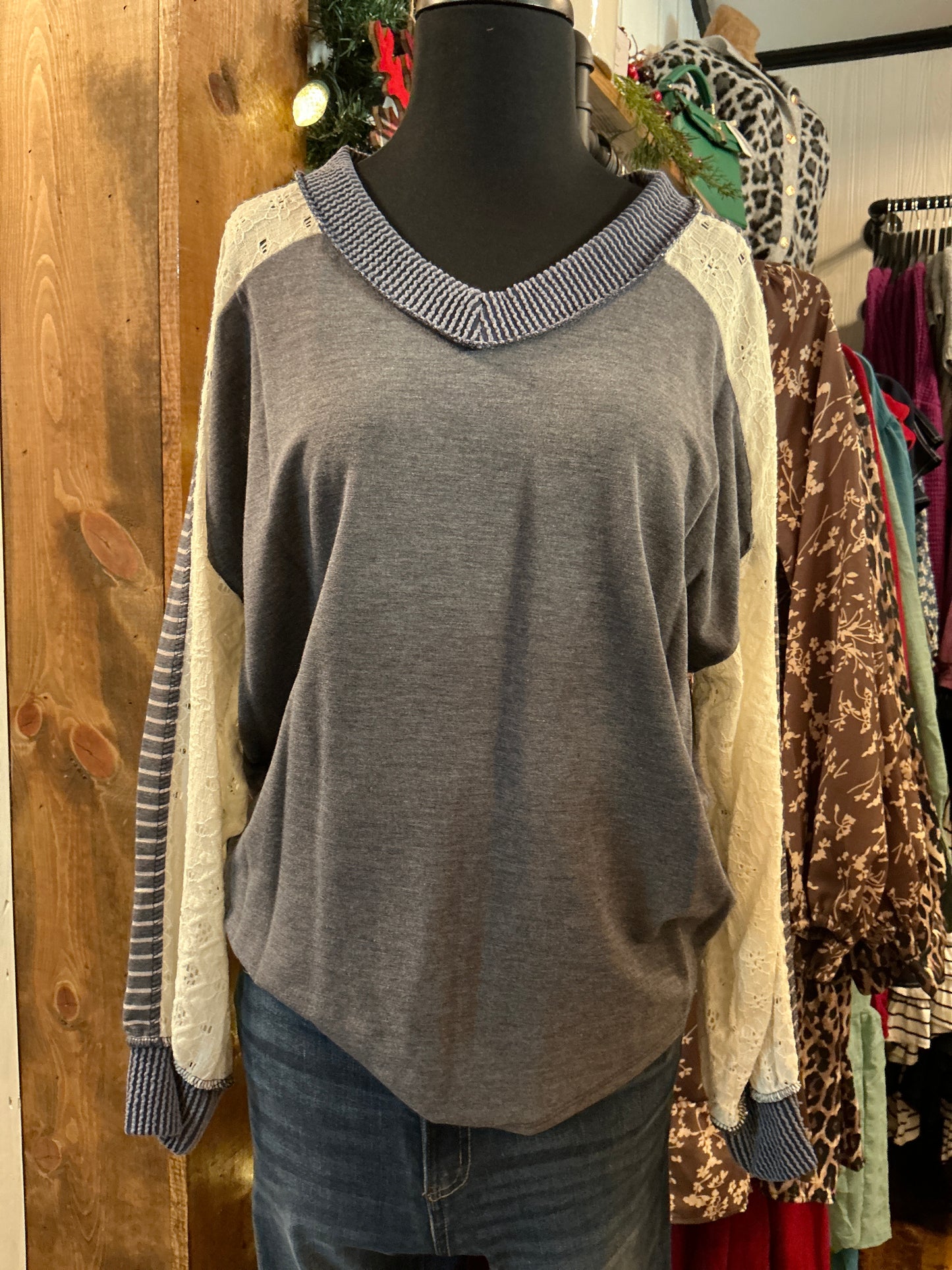 Lace Sleeve V-Neck Top