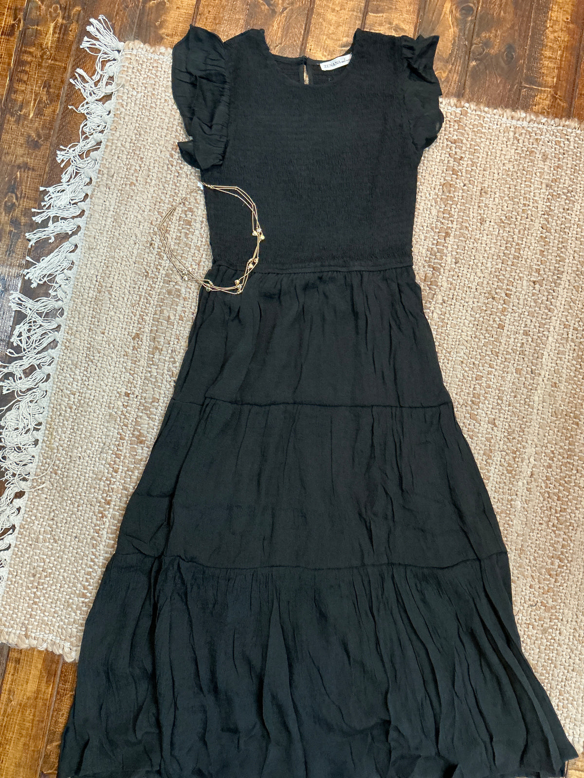 Smock Ruffle Sleeve Dress Beige & Black