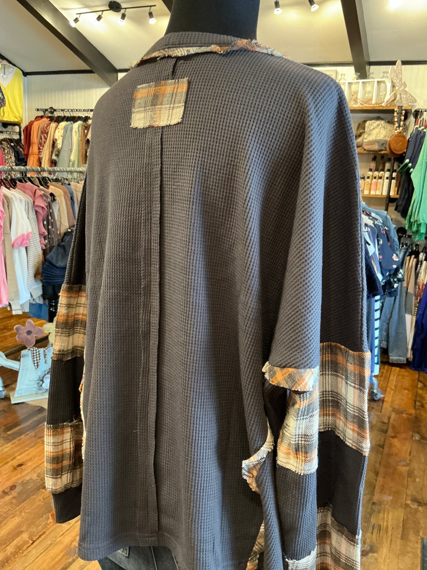 Thermal Knit Plaid Accent Top
