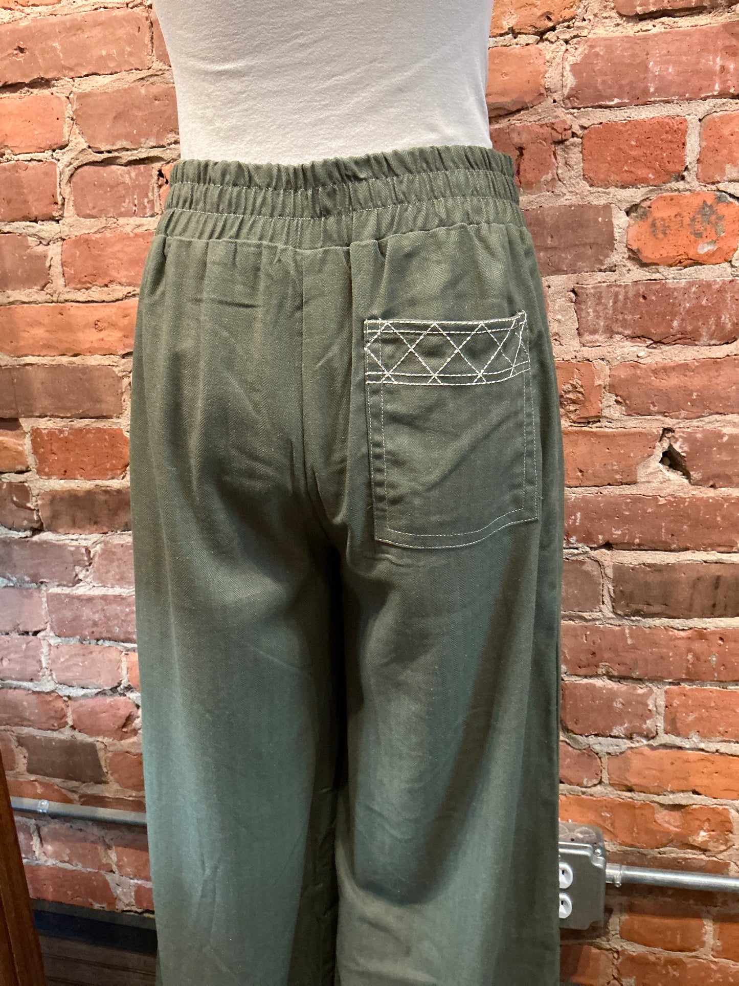 Olive Pants with Decorative Stitching