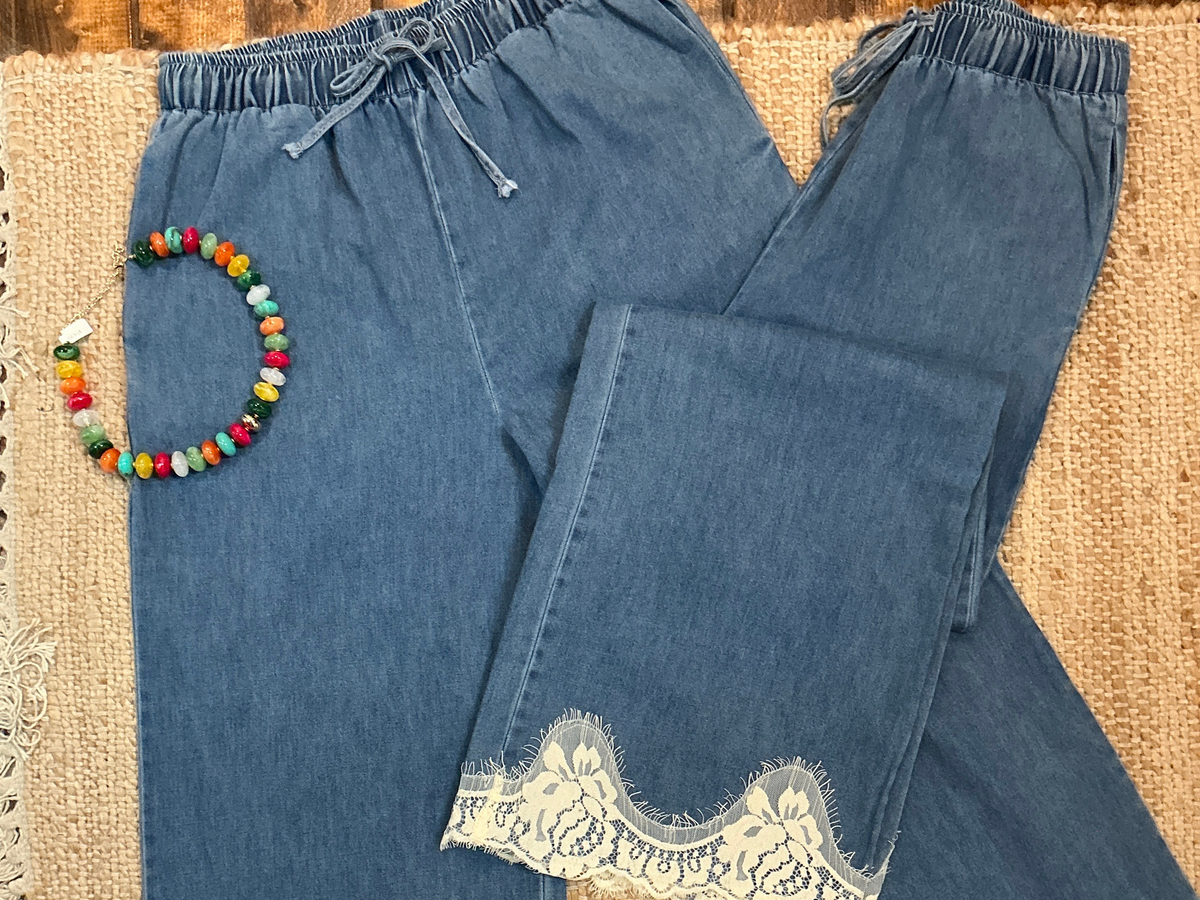 Lace Trim Wide Leg Jeans