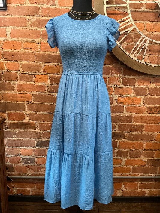 Woven Smocked Ruffle Sleeve Dress