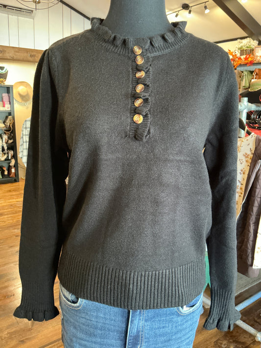 Ruffled Neck Sweater in Black