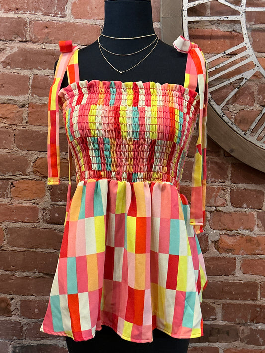 Plus Colorful Babydoll Top W/ Tie Straps