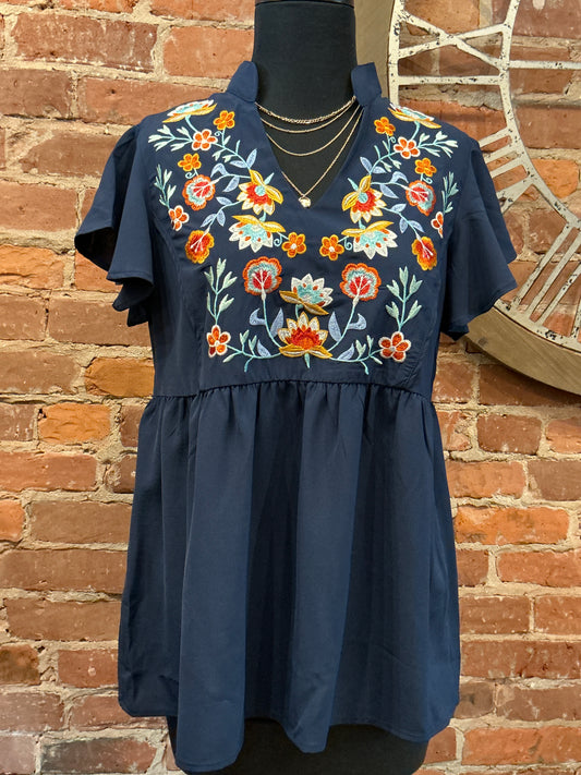 Embroidered Flutter Sleeve Top