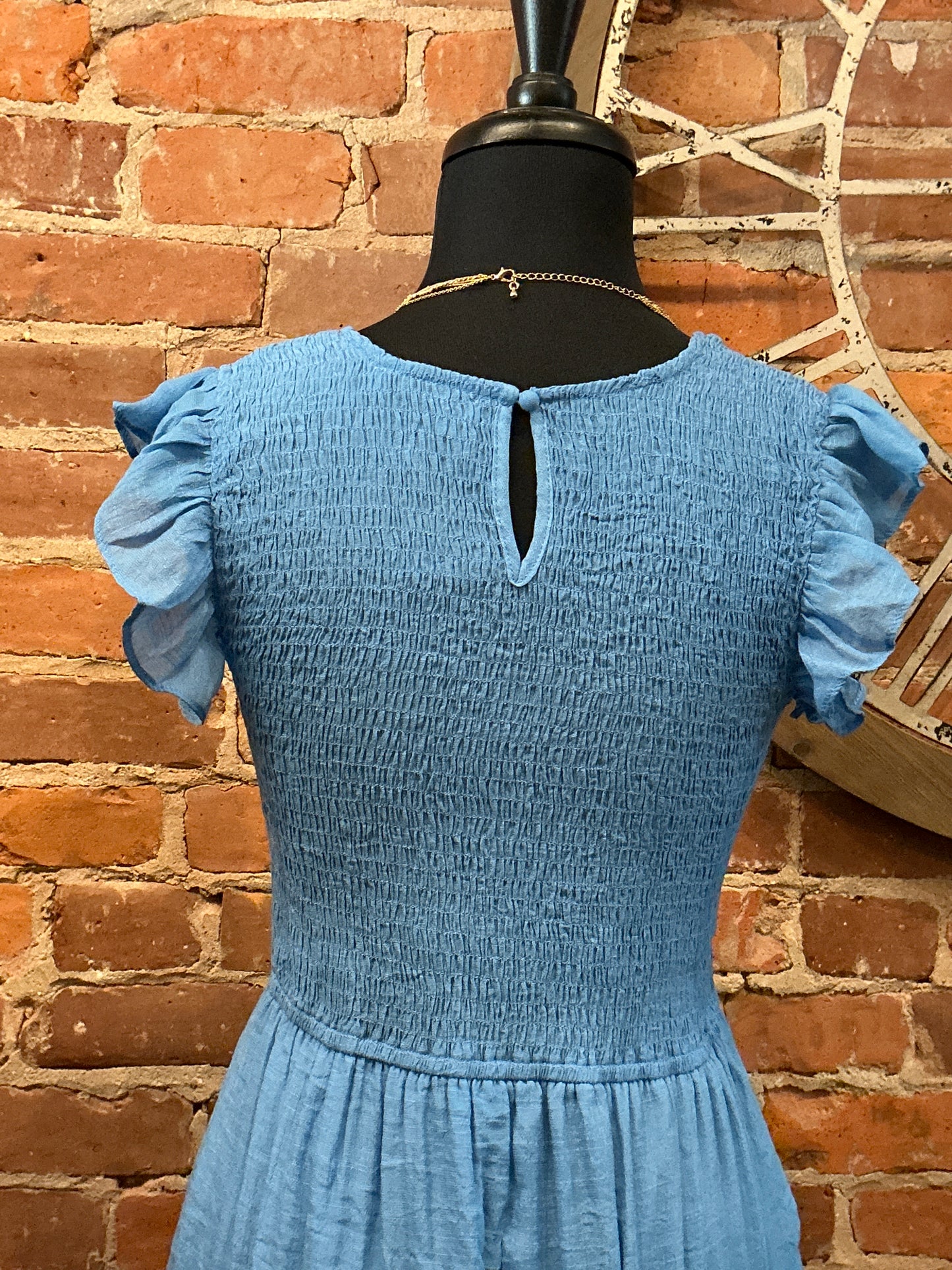Woven Smocked Ruffle Sleeve Dress