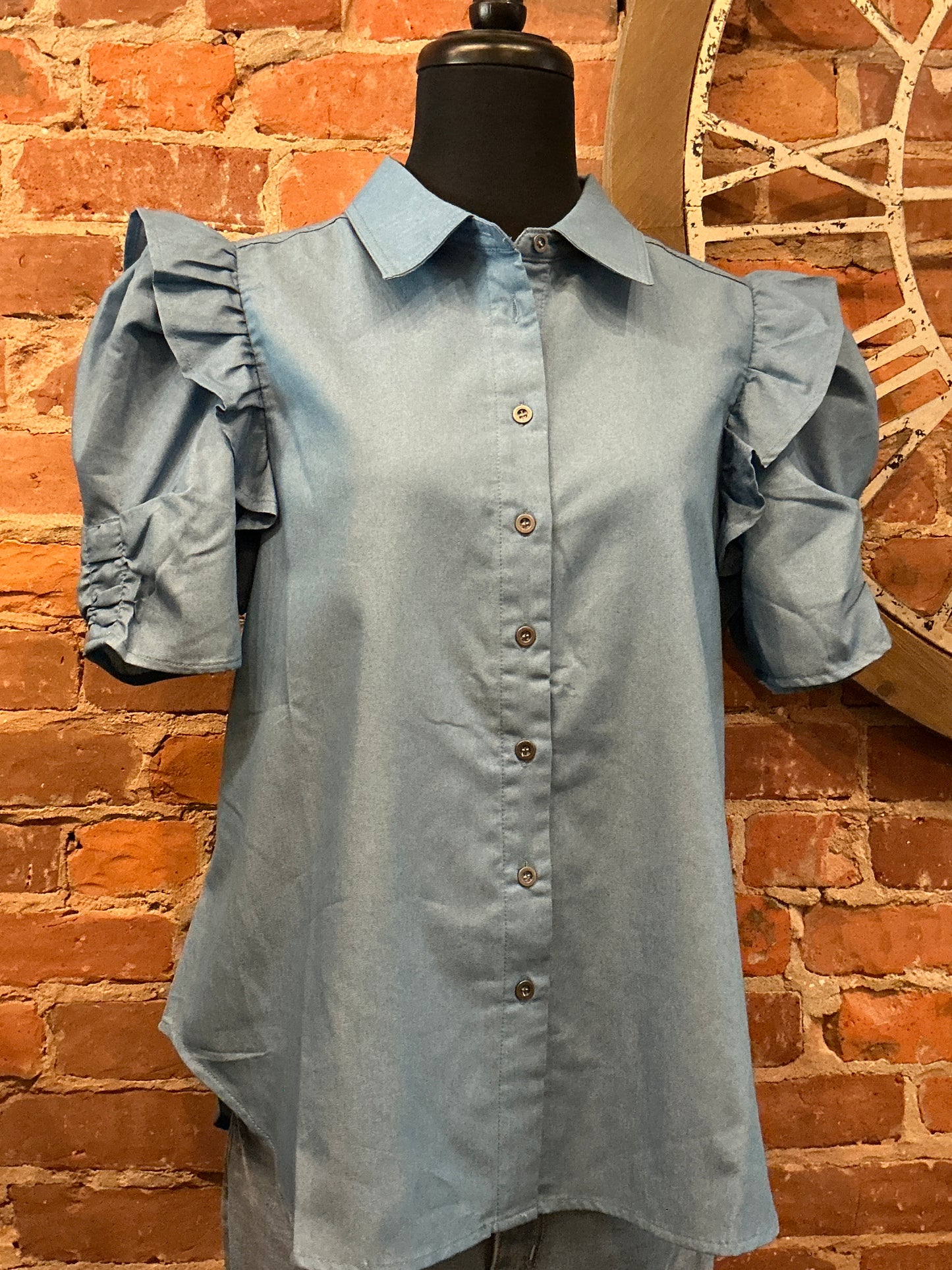 Collard Button Down Puff Sleeve Top