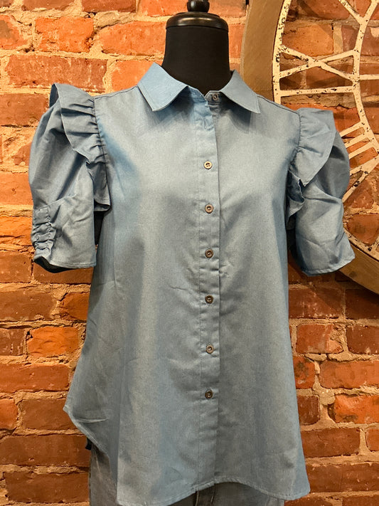 Collard Button Down Puff Sleeve Top