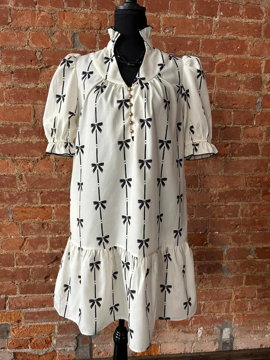 Bowtie Puff Sleeve Dress w/ Pockets