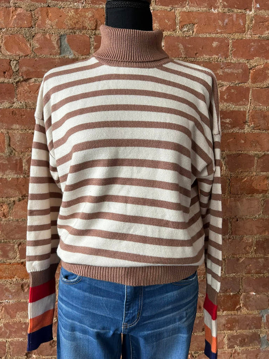 Turtleneck Striped Sweater w/ Colorful Cuffs