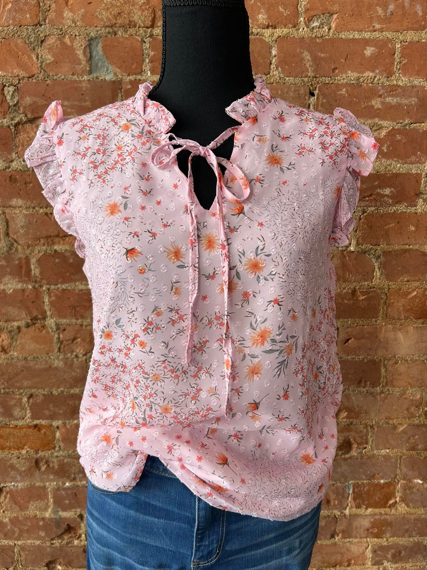 Sweet Floral Ruffle Trim Top