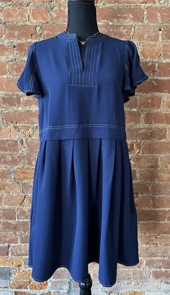 Navy Flutter Sleeve Dress with White Stitching