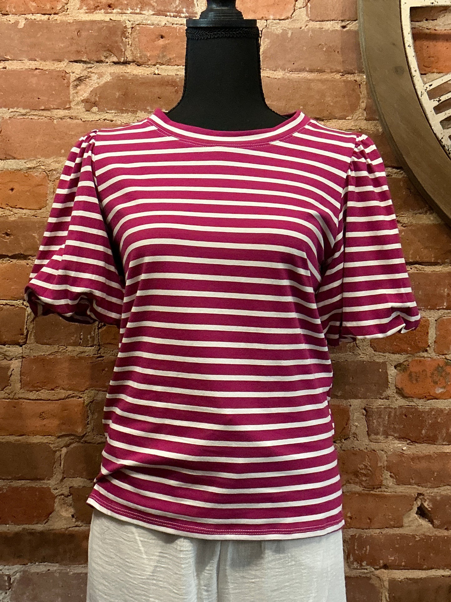 Stripe Top W/ Puff Sleeves