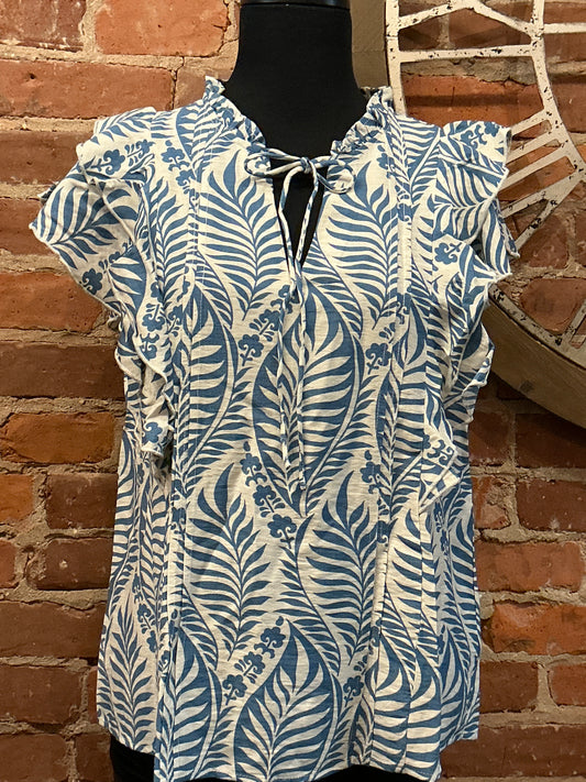 Botanical Print Ruffle Sleeve Top