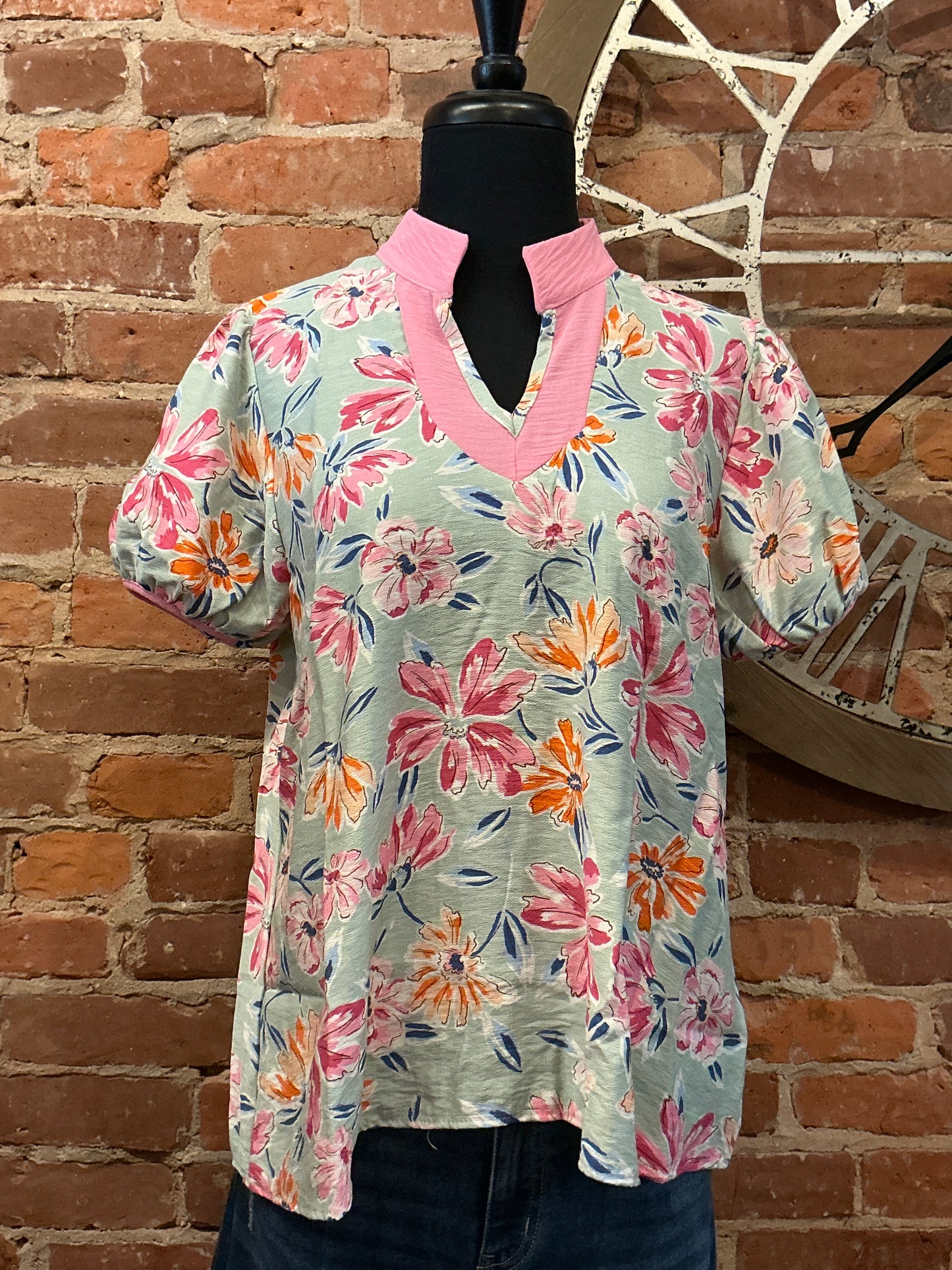 Floral Top with Banded Collar