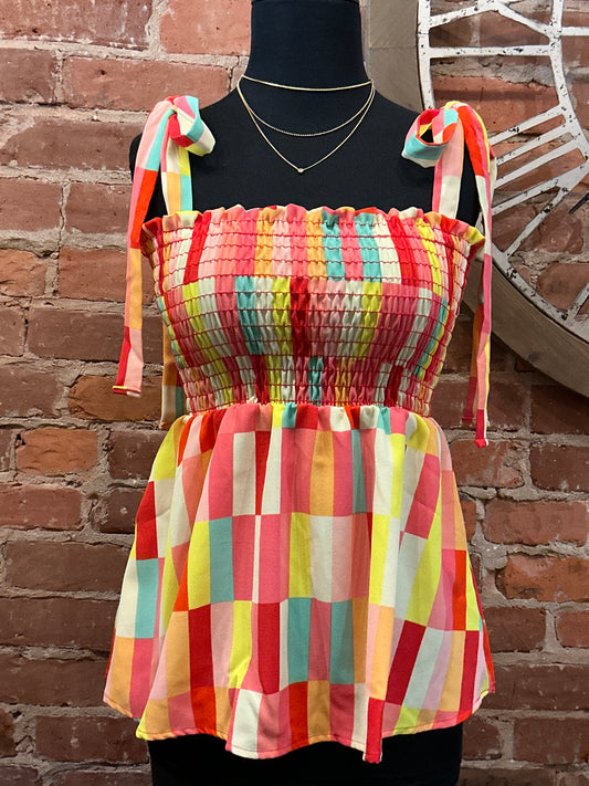 Colorful Babydoll Top w/ Tied Straps