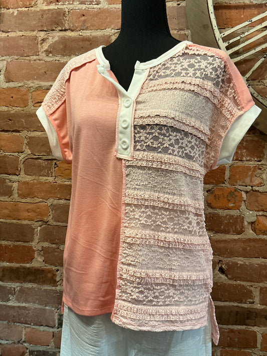 Lace Contrast Henley Top