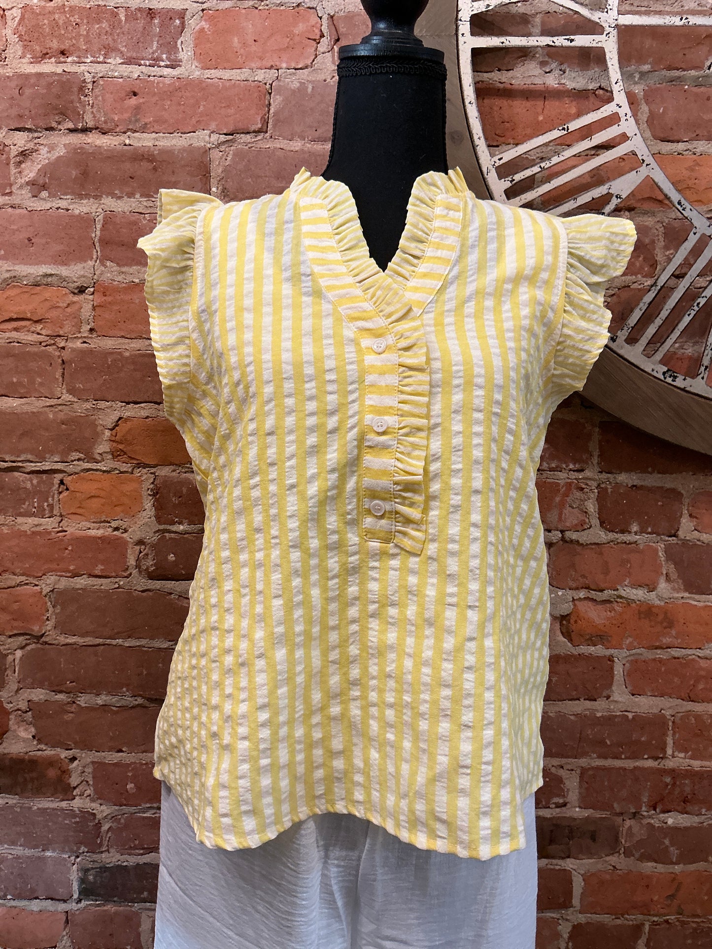 Stripped Yellow Flutter Sleeve Top