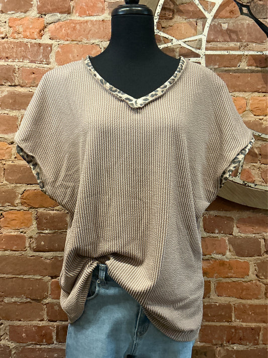 Plus Leopard Trim Ribbed Top