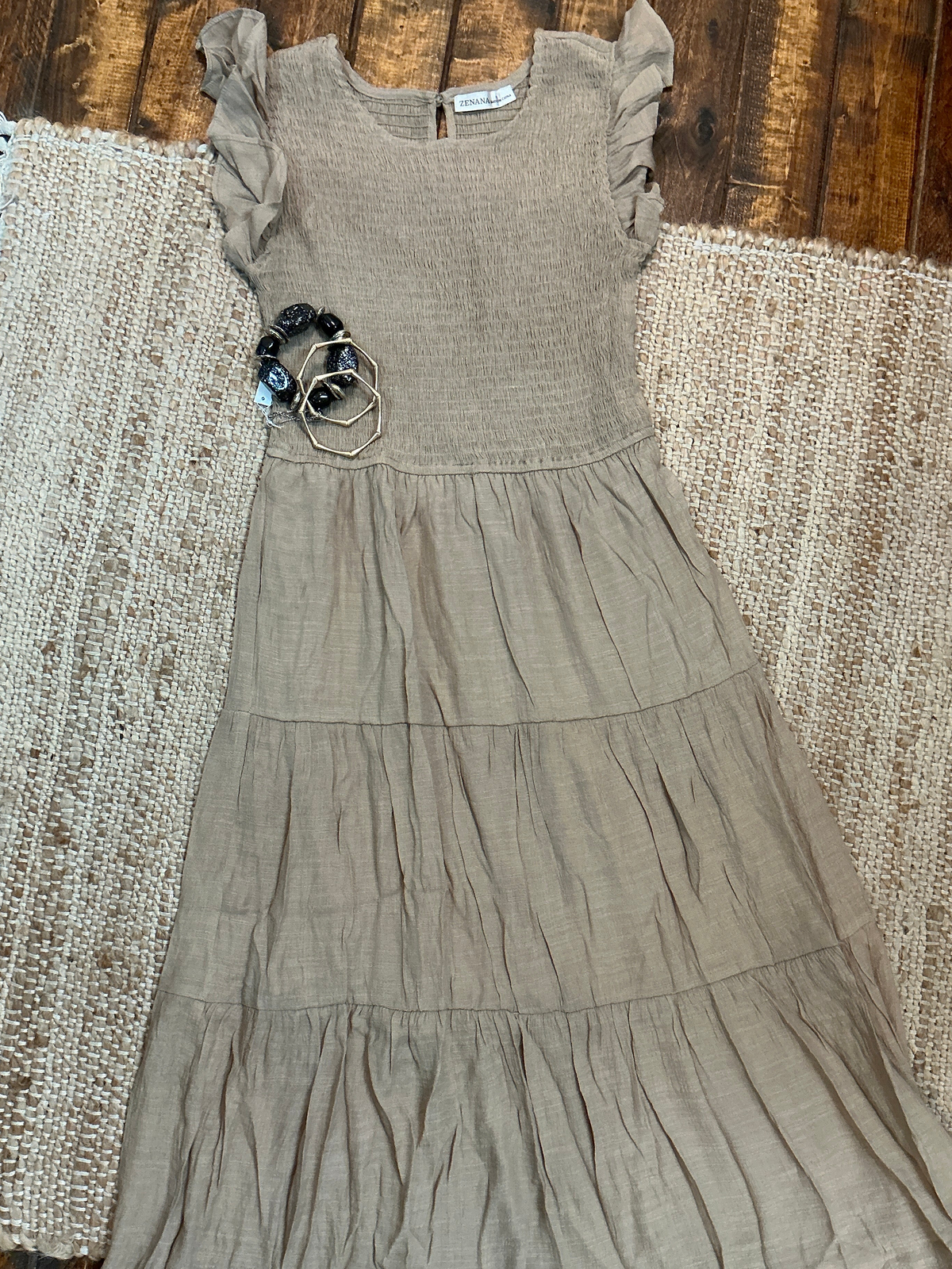 Smock Ruffle Sleeve Dress Beige & Black