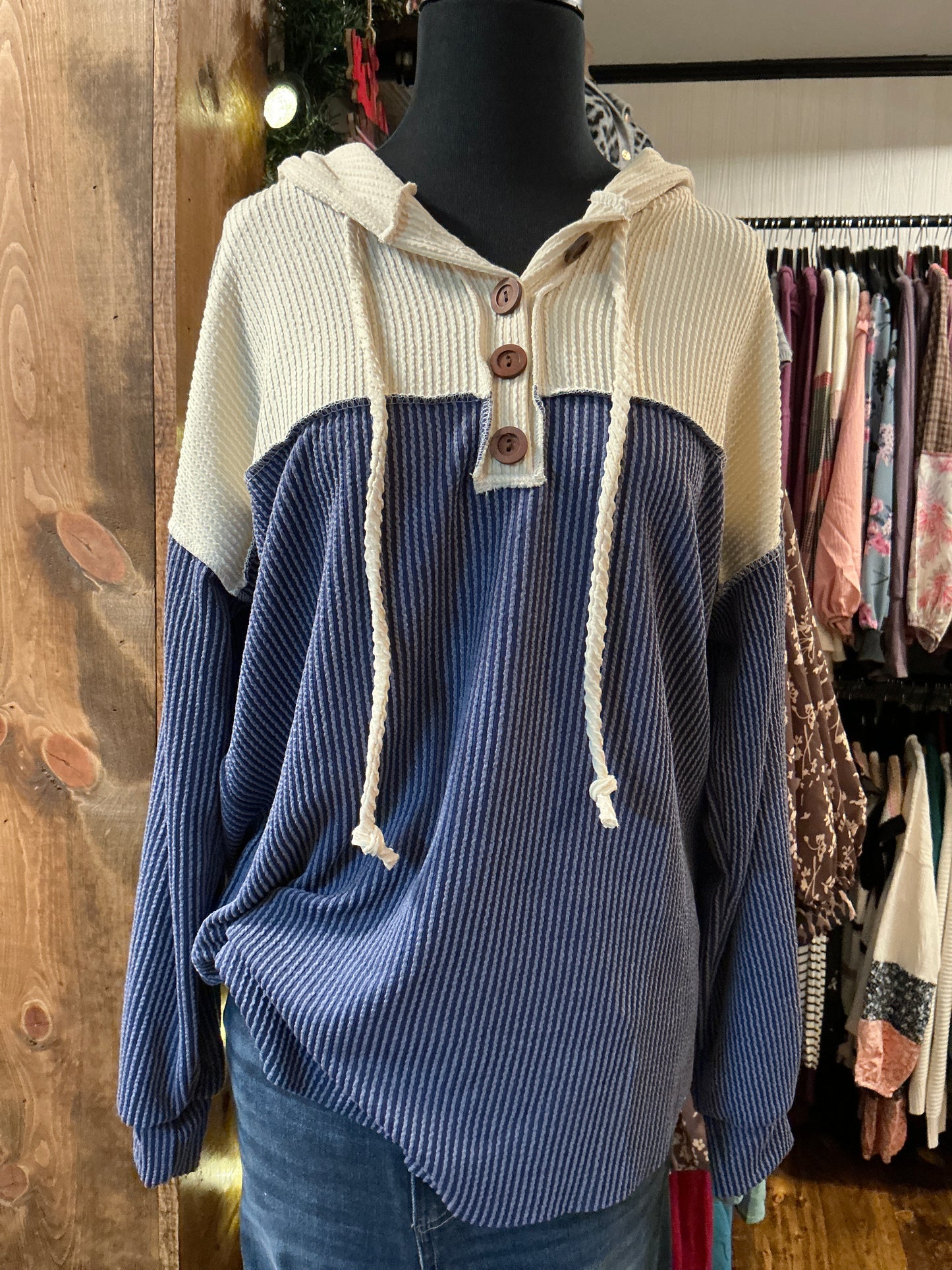 Ribbed Hooded Color Block Top