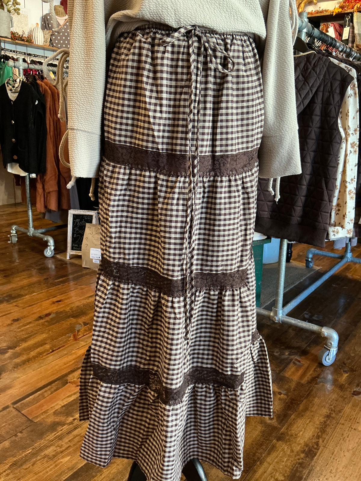Gingham Maxi Skirt with Lace