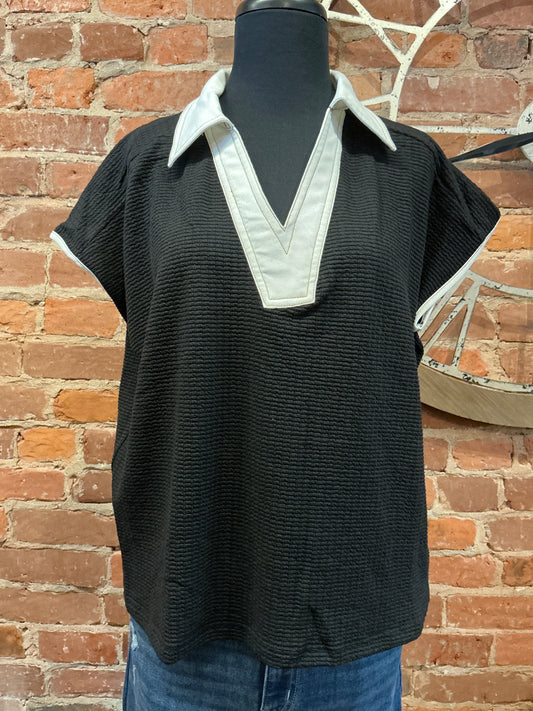 V-Neck Denim Waffle Top