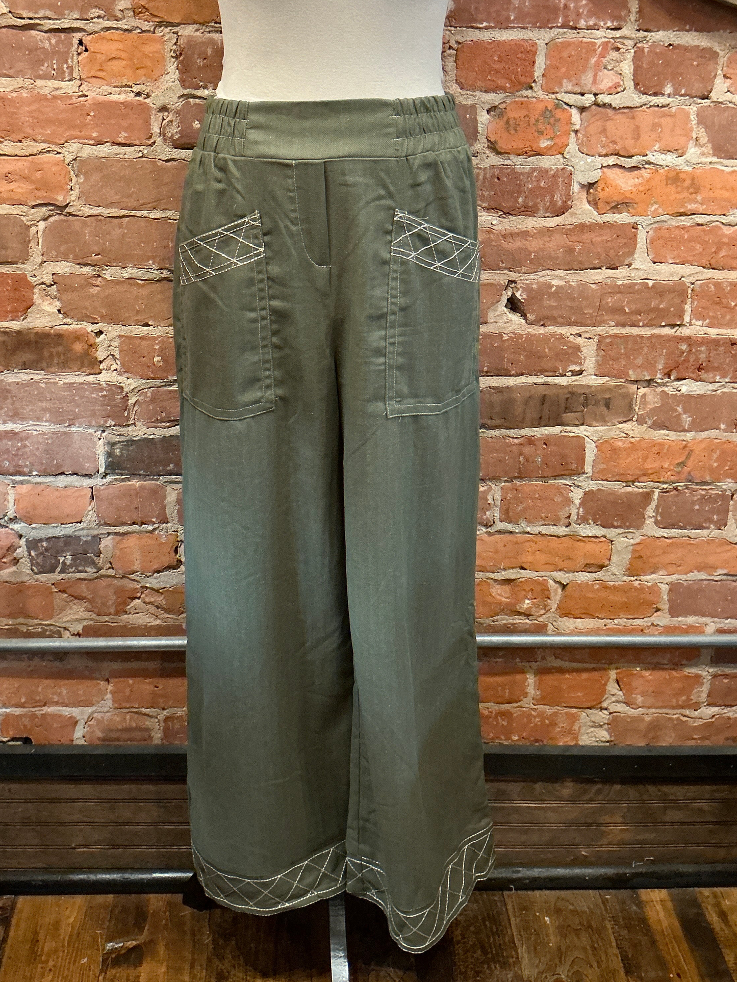 Olive Pants with Decorative Stitching