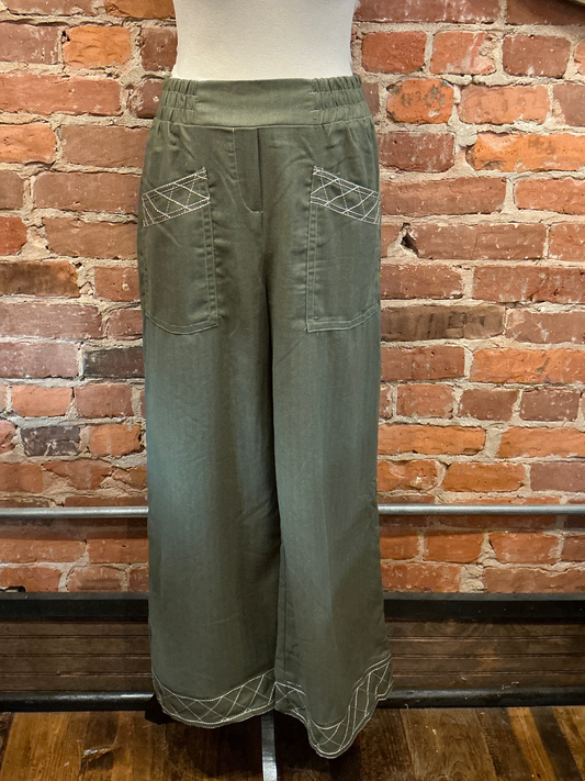 Olive Pants with Decorative Stitching