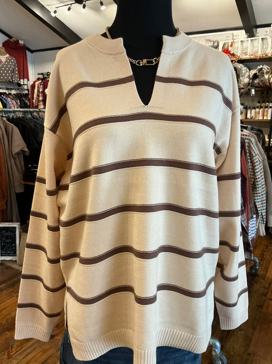 Cream & Brown V-Neck Sweater
