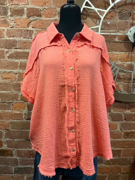 Raw Edge Oversized Top in Coral