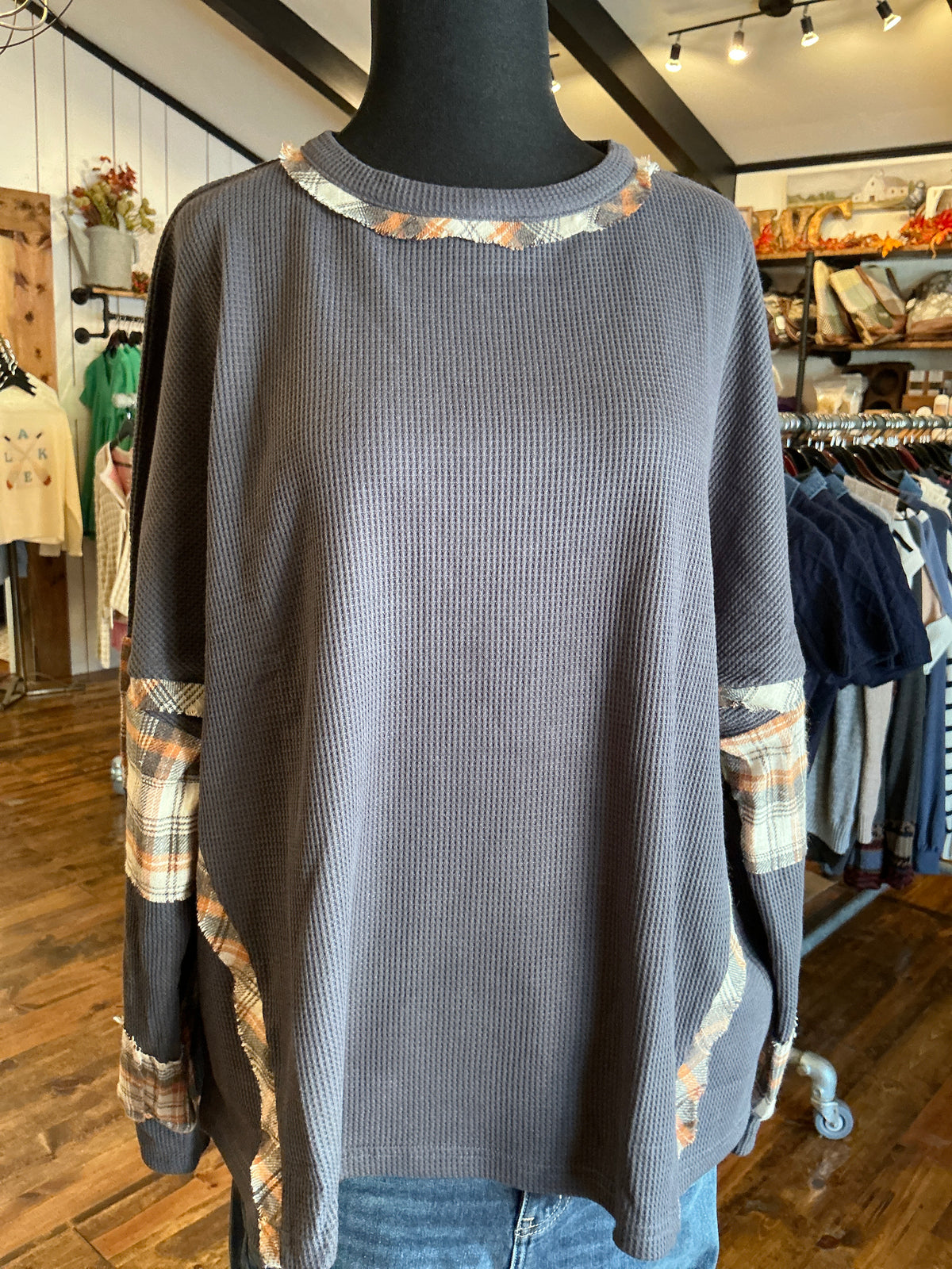 Thermal Knit Plaid Accent Top