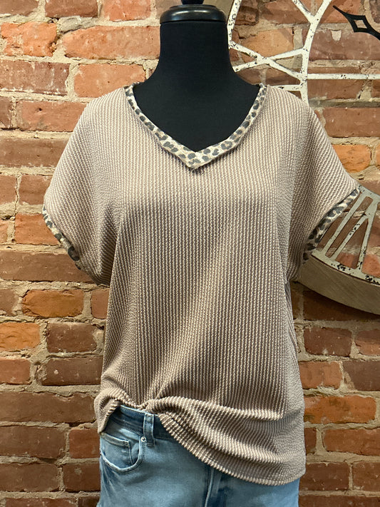 Leopard Trim Ribbed Top