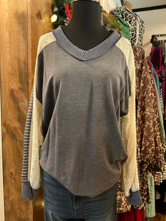 Lace Sleeve V-Neck Top
