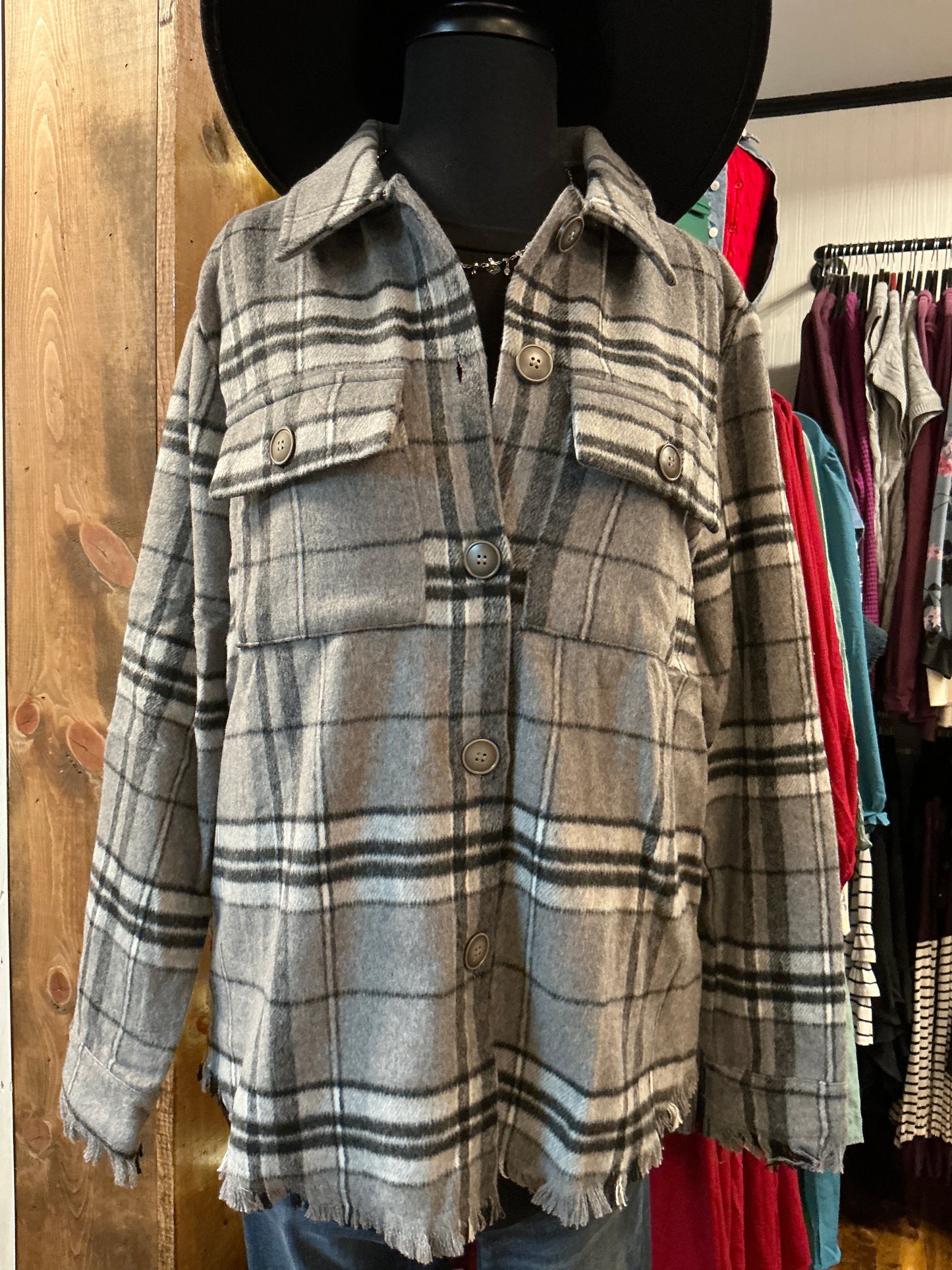 Fringe Detail Button Down Flannel Shacket