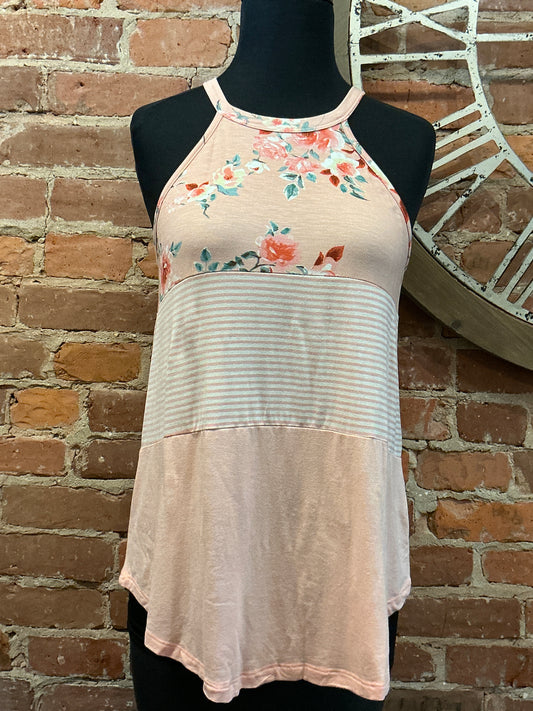 Floral Color Block Halter Tank Top