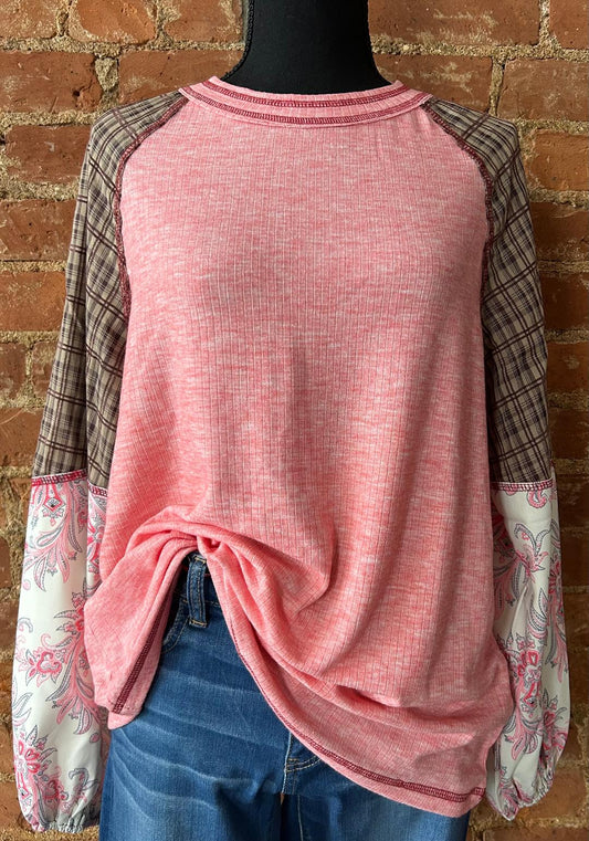 Mixed Print Patchwork Raglan Ribbed Top