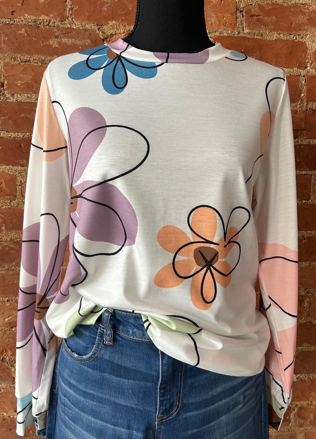 Flower Crew Neck Long Sleeve T Shirt Blouse