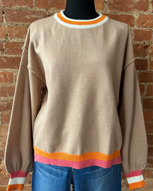 Tan Sweater with Orange/Pink Stripped Trim