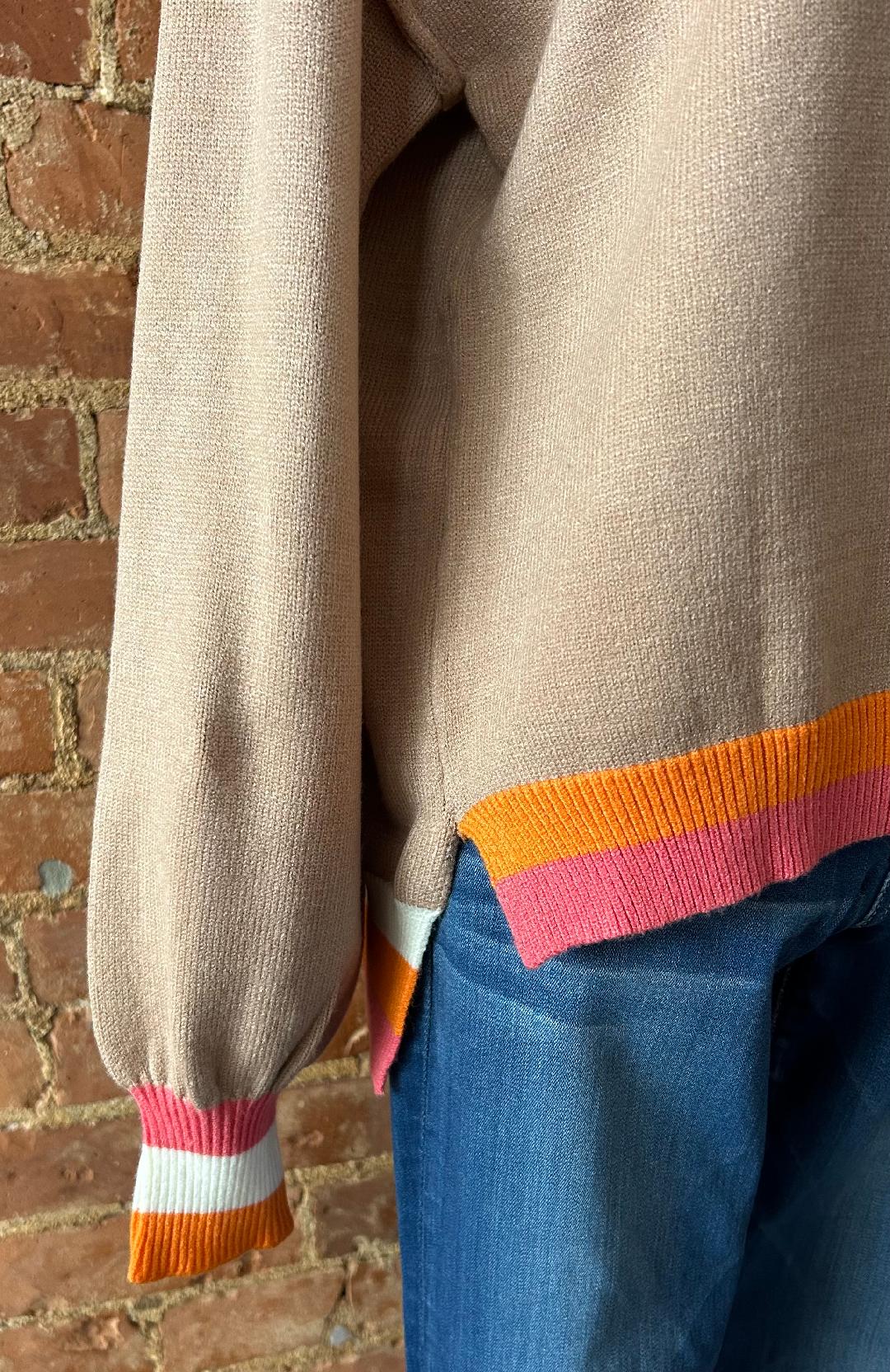 Tan Sweater with Orange/Pink Stripped Trim